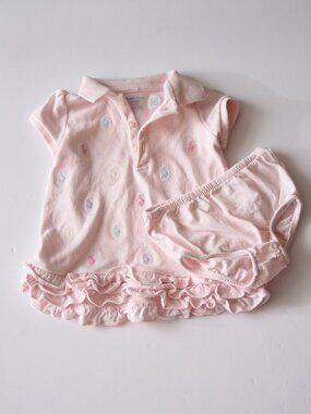 Ralph Lauren Baby Girl 6M Pink Ruffled Polo Dress Allover Embroidered Pony Logos